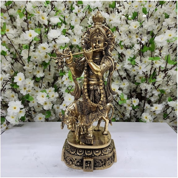 Lord Krishna Statue Flute Playing Krishna with Cow Figure Krishna Idol Hindu Temple Decor Krishna Sculpture Religious God Statue Krishna Figure Mandir Decor Standing Krishna Murti - AtoZ India Cart