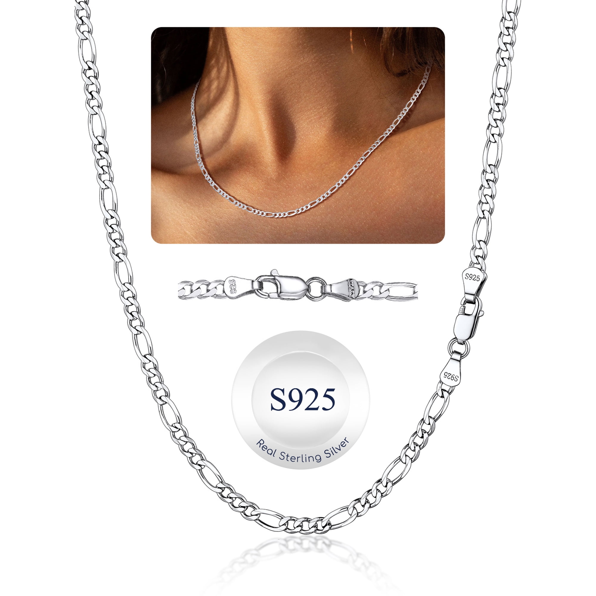 Suplight Solid 925 Sterling Silver 3mm/5mm Figaro Chain Necklace, Jewelry Gift for Men Women