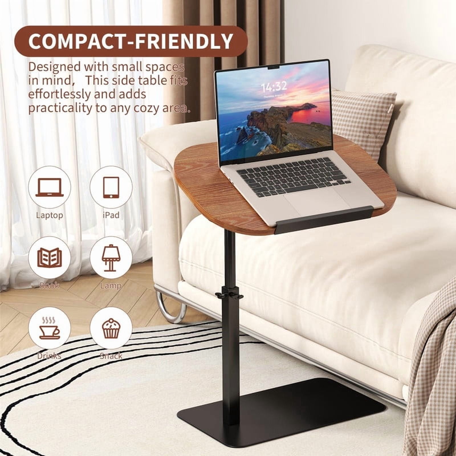 TROPOW C-Shaped Side Table Sofa Tray, Height Adjustable Folding Laptop Desk with Swivel Tray, Tiltable Desktop, Heavy Metal Base End Table, Overbed Table, Tray Table Portable Side Table