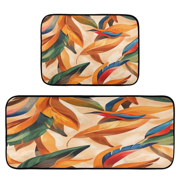 Artistic Tropical Leaf Bird 2-Piece Kitchen Carpet Mat Set, Non-Slip Memory Foam, Soft for Kitchen and Living Room Use