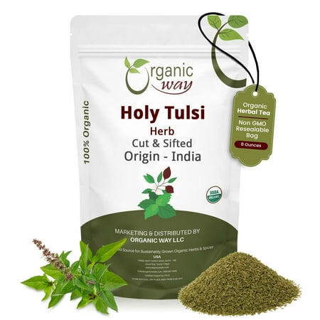 Organic Way Holy Tulsi / Holy Basil Herb Cut & Sifted (Ocimum tenuiflorum) - Organic & Kosher Certified | Raw, Vegan, Non GMO & Gluten Free | USDA Certified | Origin - India (1/2 LBS / 8 Oz)