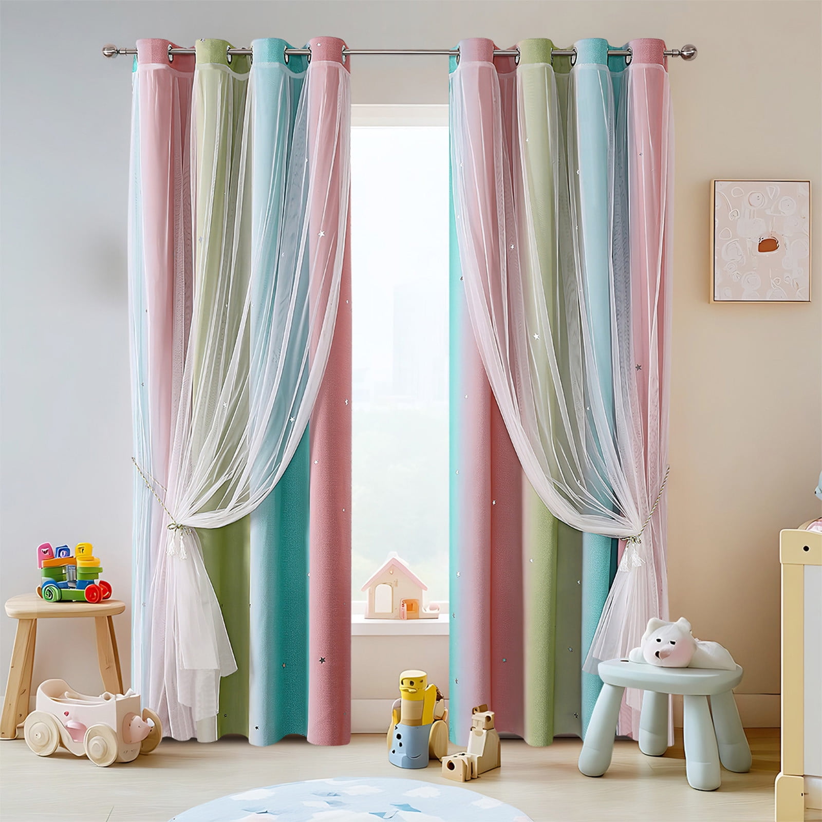 Ombre Rainbow Blackout Curtains for Girls Bedroom Living Room Darking Stripe Double Layer Star Cut Out Wall Home Decor Gradient Grommet Window Curtains (1 Panel, 39.37×51.18in)