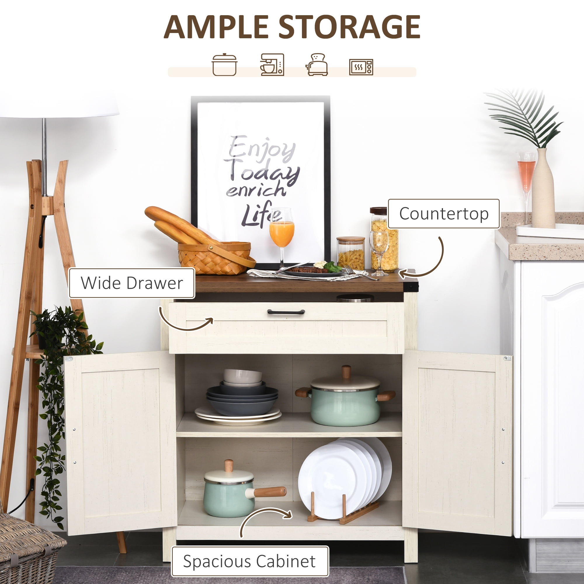 HOQBN Farmhouse Sideboard Buffet Cabinet, Storage Buffet with 2 Barn Doors and Functional Drawer, Multipurpose Furniture for Dining Room Kitchen and Living Room, White