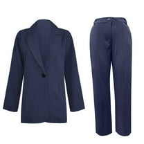REORIAFEE Business Suit for Women Yoga Set Women Long Sleeve Tops Cardigan Coat Pockets Long Pants Suit Navy XXL
