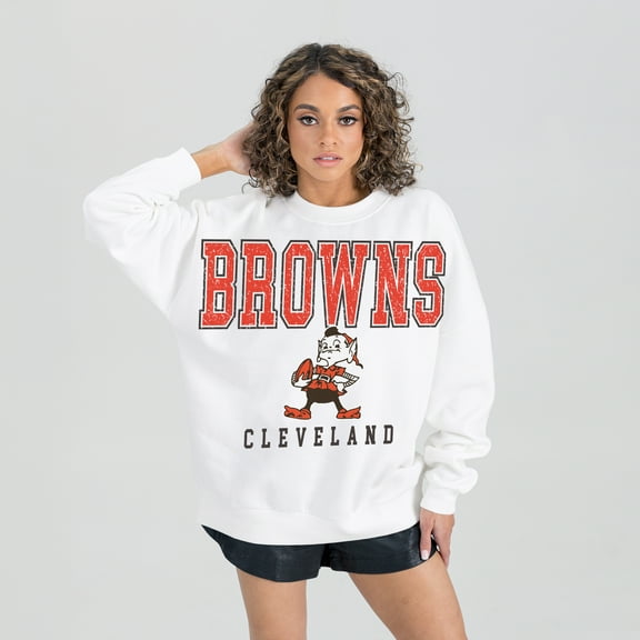 Women's Gameday Couture White Cleveland Browns Classic Sunday Drives Oversized Premium Fleece Pullover Sweatshirt