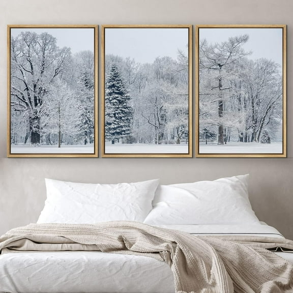 IDEA4WALL Framed Canvas Print Wall Art Set of 3 Snow Covered Winter Pine Tree Forest Nature Wilderness Photography Realism Decorative Landscape Scenic for Rooms - 24"x36"x3 Panels Natural