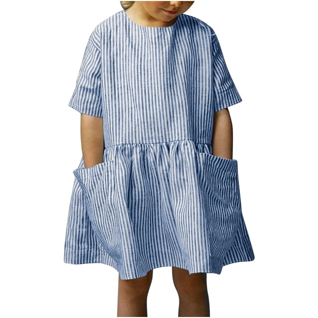 Tranfacy Robe d'Été pour Filles, Robe à Manches Courtes pour Filles, Robe Décontractée à Rayures en Lin à Col Rond à Manches Courtes avec Poches pour Enfants d'Âge Moyen