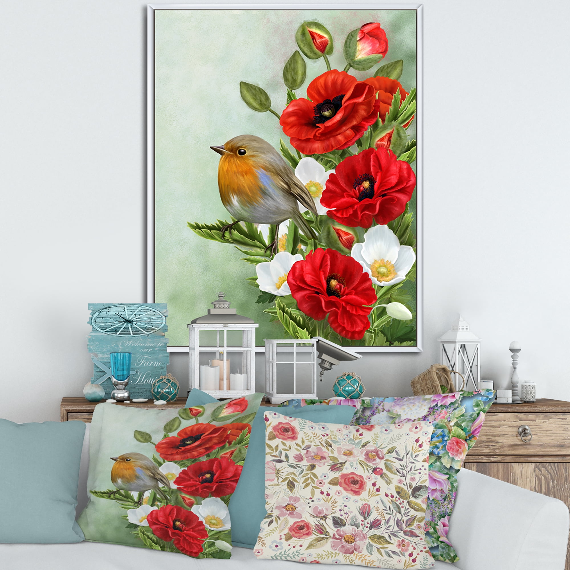 Red Poppies and White Anemones With Yellow Bird 16 in x 32 in Framed Painting Canvas Art Print, by Designart