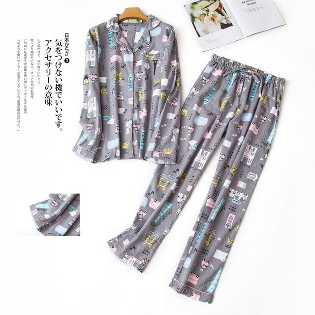 Voianlimo Women s Pajamas Set Pyjamas Long Sleeve Sleepwear Button Up Top Pant Cartoon Printed Nightwear Soft Lounge Pjs Sets oink size S L Other