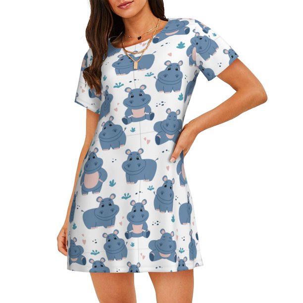 Disketp Cute Hippos para Camisón Corto de Manga Corta para Mujeres, Camisón Cómodo con Escote Redondo, Bonito y Confortable