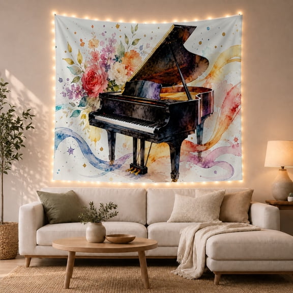 Grand Piano with Roses and Ribbons on Soft Background, Dreamy Watercolor for Music Lovers, Romantic Art Wall Decor Birthday Gift Tapestry Wall Hanging for Bedroom and Living Room