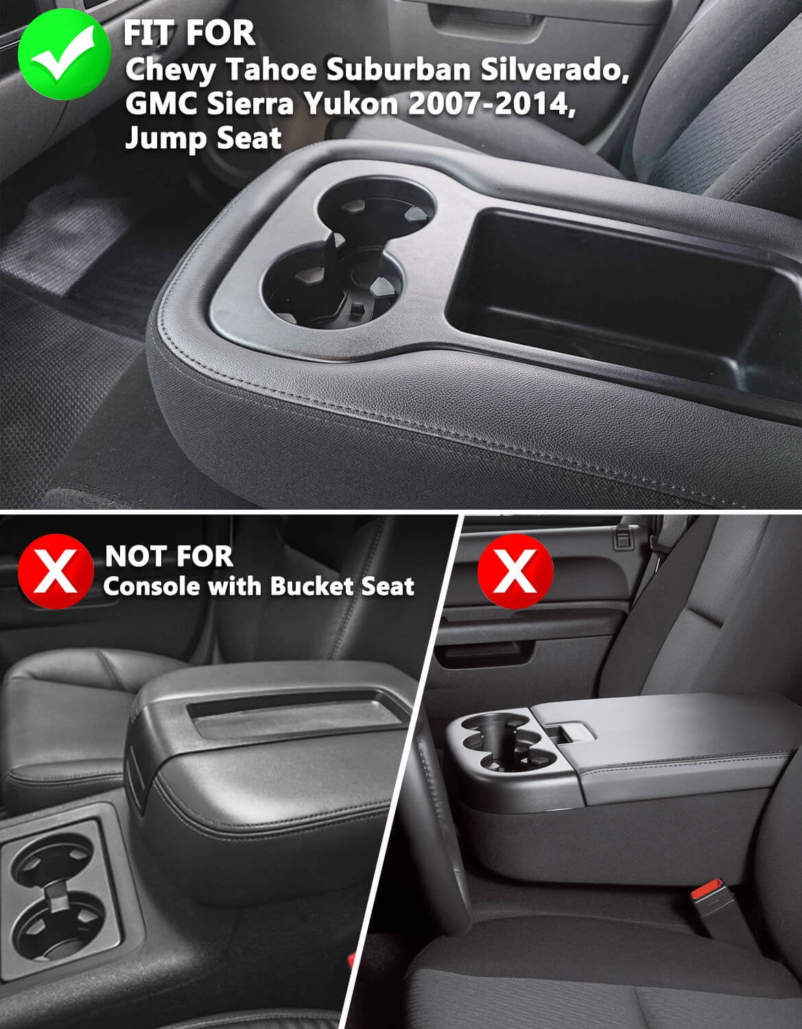 KBH Center Console Lid Armrest Cover Fit for Chevy Tahoe Suburban Silverado, GMC Sierra Yukon 2007-2014, Black Leather with Zipper Design (Jump Seat)