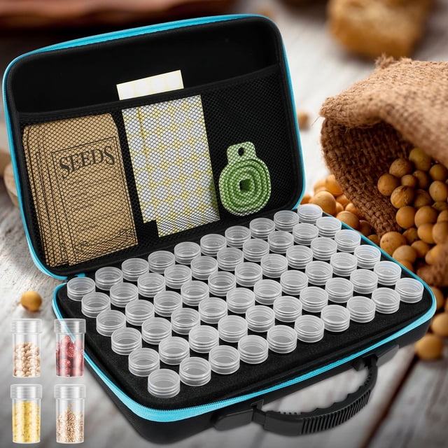 HLONK Garden Seed Storage Organizer Box - 60 Slots Seeds Organizer with Foam Insert Plastic Storage Containers Label Stickers Seed Envelopes Plant Tags Funnel Vegetable Seed Storage Case