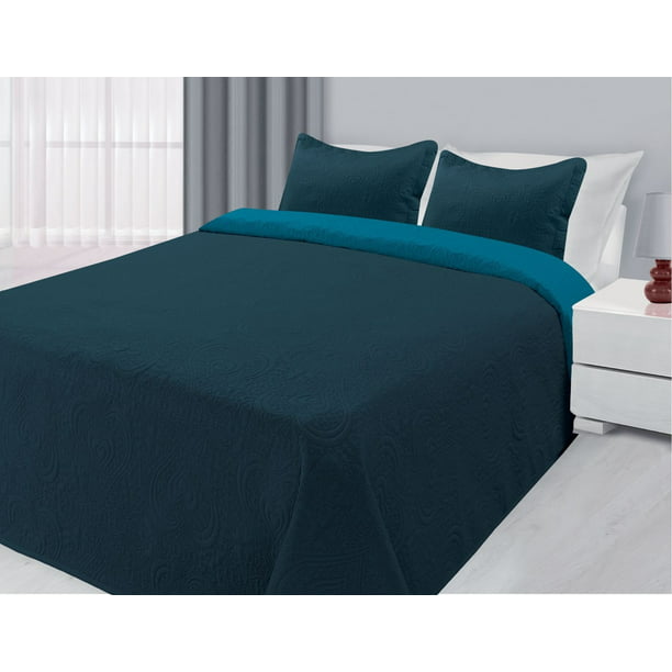 3 Piece Reversible Quilted Bedspread, Navy Blue Queen Size Bedspread