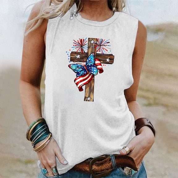 Jsaierl Womens 4th of July Tank Tops Plus Size Patriotic USA Flag Pattern Tees Elegant Sleeveless T Shirts Camisole Soft Crewneck Tanks S-XXL