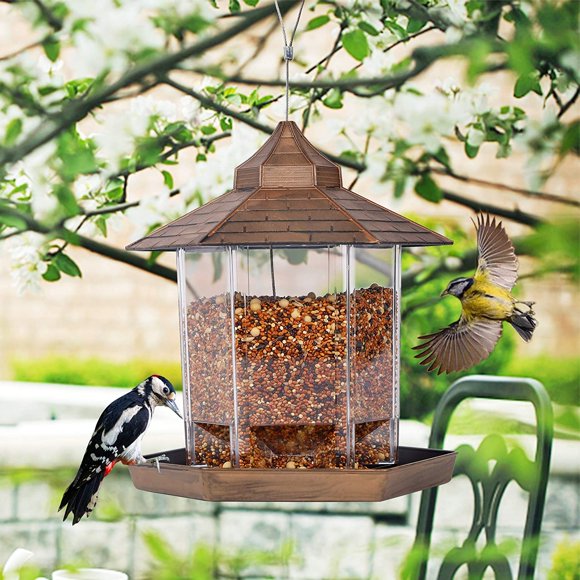 Panorama Bird Feeder, Hexagon Shaped With Roof Hanging Bird Feeder For Garden Yard Decoration (Grey)