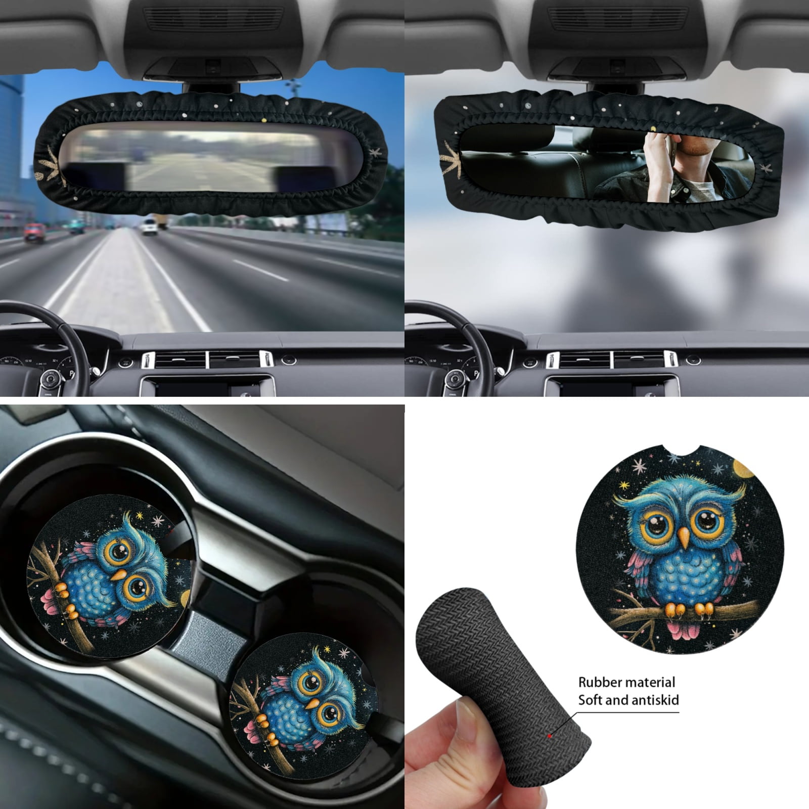 Yuyamidu Owl Car Seat Cover Full Set of 14 Cute Steering Wheel Cover Seatbelt Pads Armrest Cushion Trash Can Rearview Mirror Cover Handbrake Cover Set Coasters Auto Interior Accessories