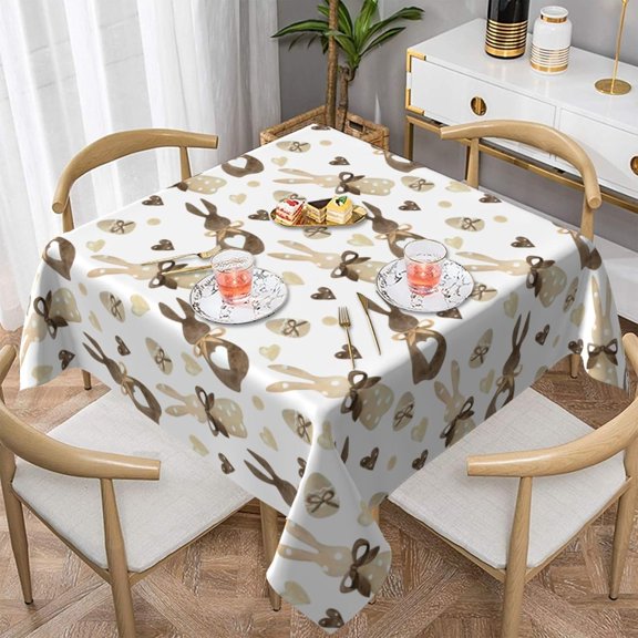 Easter Tablecloth Square 54x54 Inch Brwon Cream Love Heart Bunny Table Cloth,Stain Resistance Polyester Spring Rabbits Table Covers for Kitchen Dining,Small Tablecloth for Party Picnic
