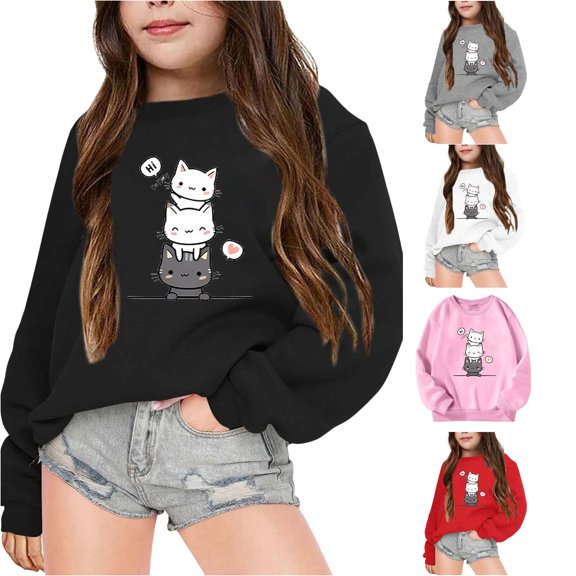 XAOFW Girls Sweatshirts Long Sleeve Crew Neck Cartoon Printed Hoodless Sweatshirts Loose Fit Fashion Pullover For Autumn Winter Comfortable Top 3-4 Years