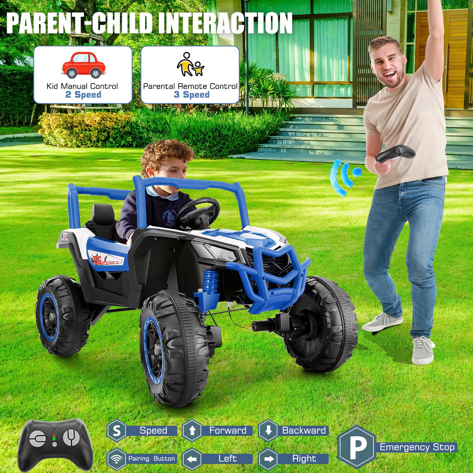 Farmdex 4WD 24V Ride on Toys 2 XL Seater Kids Ride on Cars w/ Remote Control, 4*200W Motor, Electric Off-Road UTV 7AH Battery Powered 4-Wheeler Vehicle w/ Bluetooth, Music, 3-Speed, LED Light, Blue