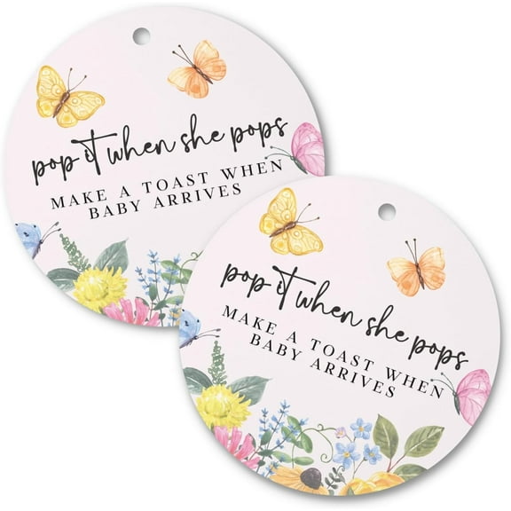 Pop It When She Pops Butterfly Tags  30 pk, 2.5 Pink Floral Butterfly Labels for Champagne Bottles Pink Bubbly Labels for Mini Bottles Baby Shower Favor