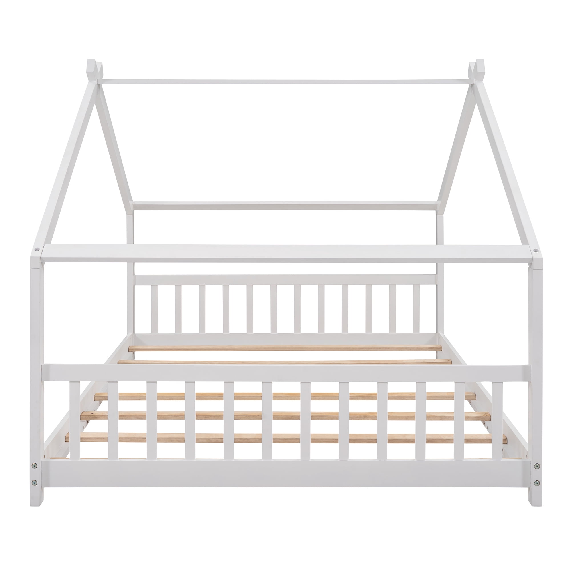 Leumius Full Size Wood House Bed for Kids,Montessori Floor Bed Frame with Headboard and Footboard,Playhouse Bed for Girls Boys(Full, White)