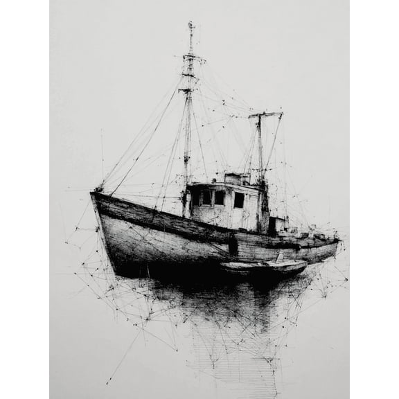 Ink Sketch Fishing Boat Canvas Print, Decor for Living Room, Bedroom, Study, Office, Hallway, Nautical Maritime Home