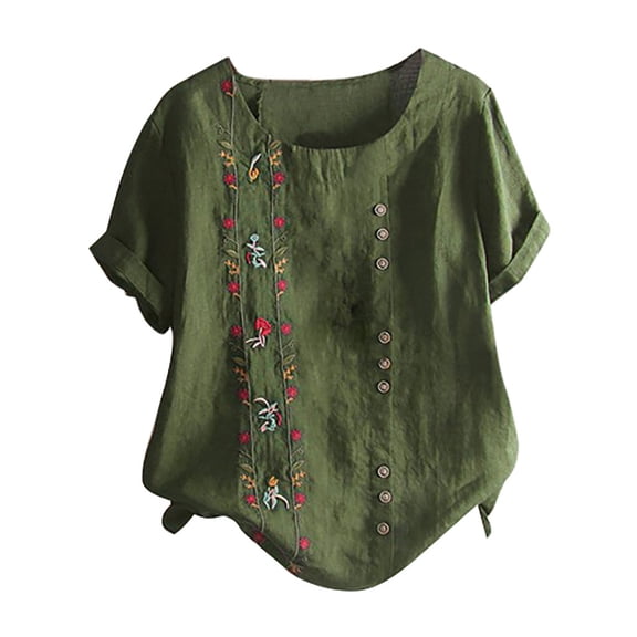 Plus Size Women's Bohemian Floral Embroidered Blouse, Plus Size Women Bohemian Floral Embroidered Shirt Short Sleeves Top Blouse Army Green, L