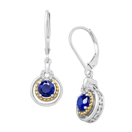 Duet 1 1/3 ct Created Sapphire Drop Earrings with Diamonds in Sterling Silver & 14kt Gold