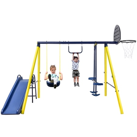 SUGIFT Outdoor Tolddler Swing Set for Backyard  Playground Swing Sets with Steel Frame  Swing Silde Playset for Kids with Seesaw Swing  Basketball Hoop