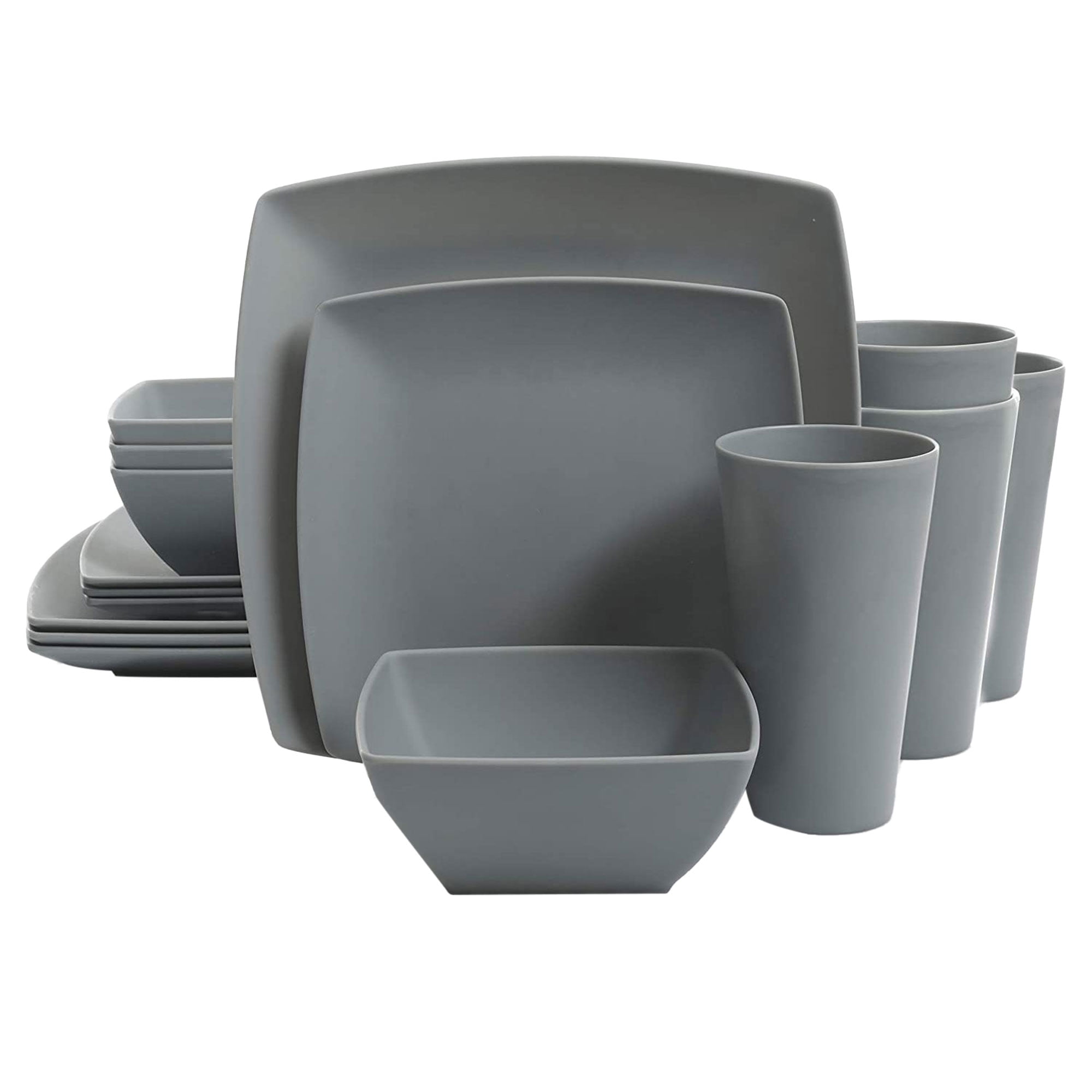 Gibson Home 16 Pc Melamine Dinnerware Plates, Bowls, & Cups, Grey (4 Pack)