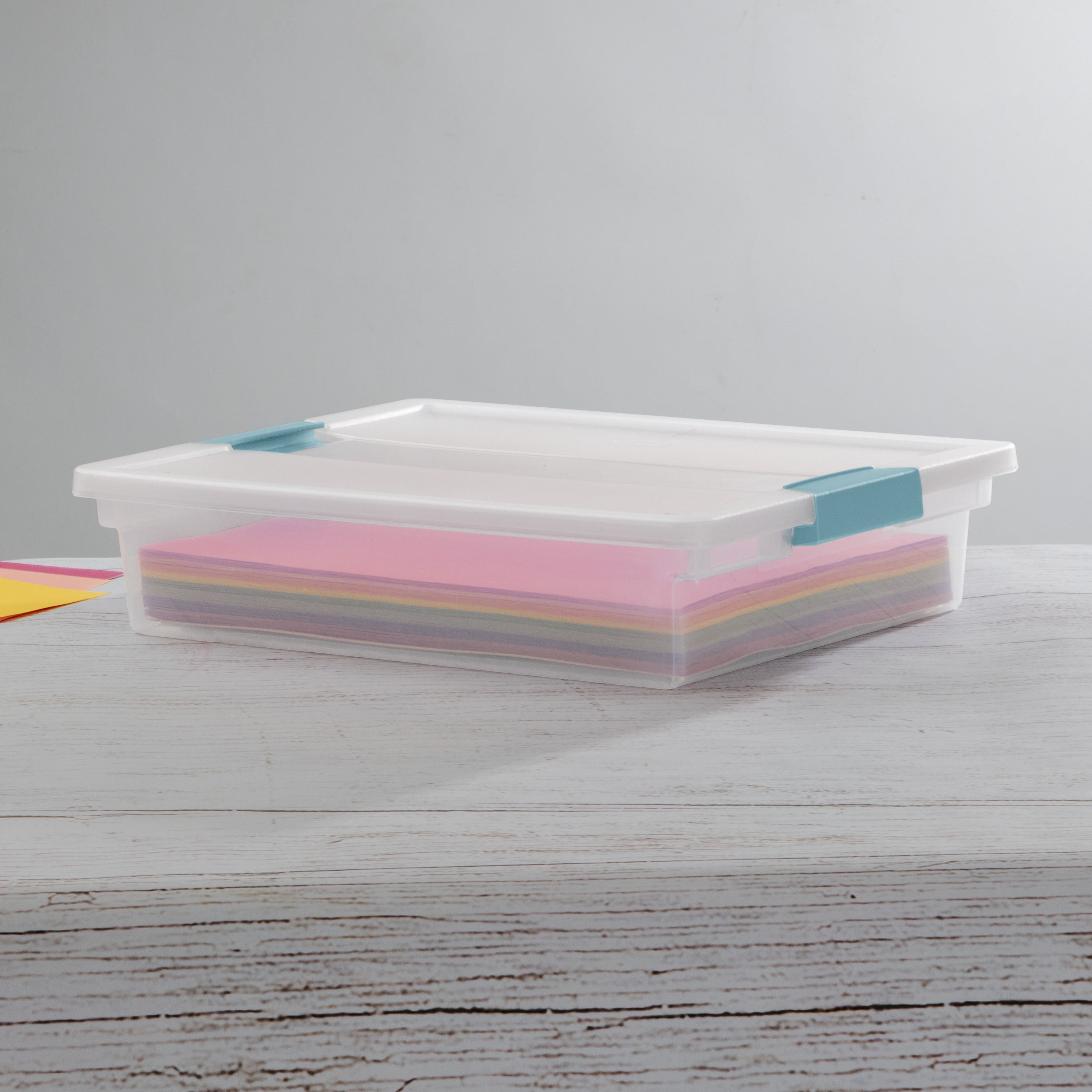 Sterilite Plastic Storage Bin / Large Clip Box, 14” L x 11” W x 3 1/4” H, Aqua Haze