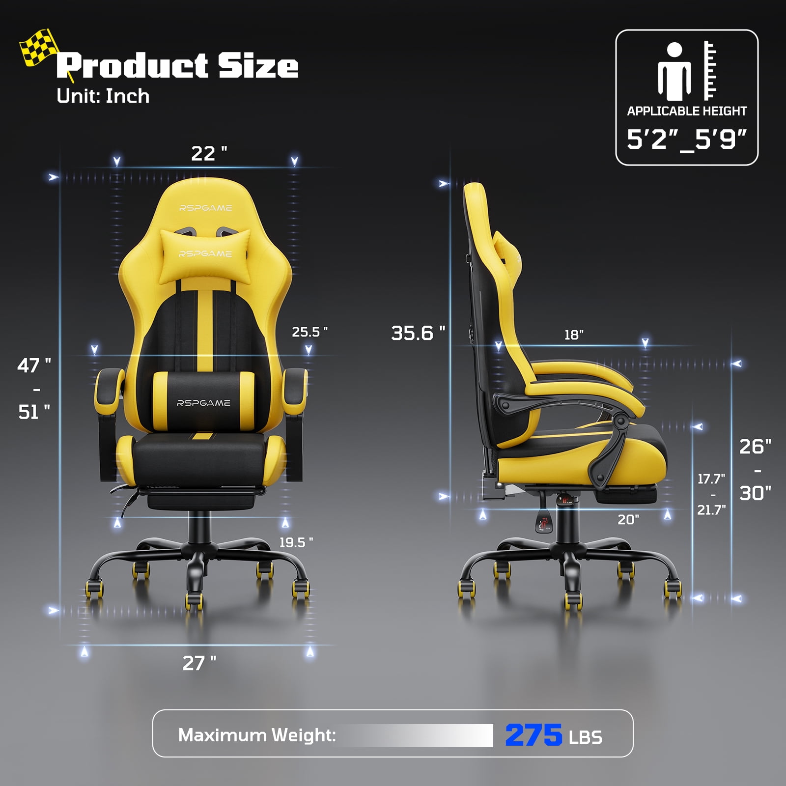 RSPGame Ergonomic Gaming Chairs for Adults,Pocket Spring Cushion,PU Leather Office Chairs with Lumbar Support and Retractable Footrest,Home and Office Computer Chairs-Yellow Racing