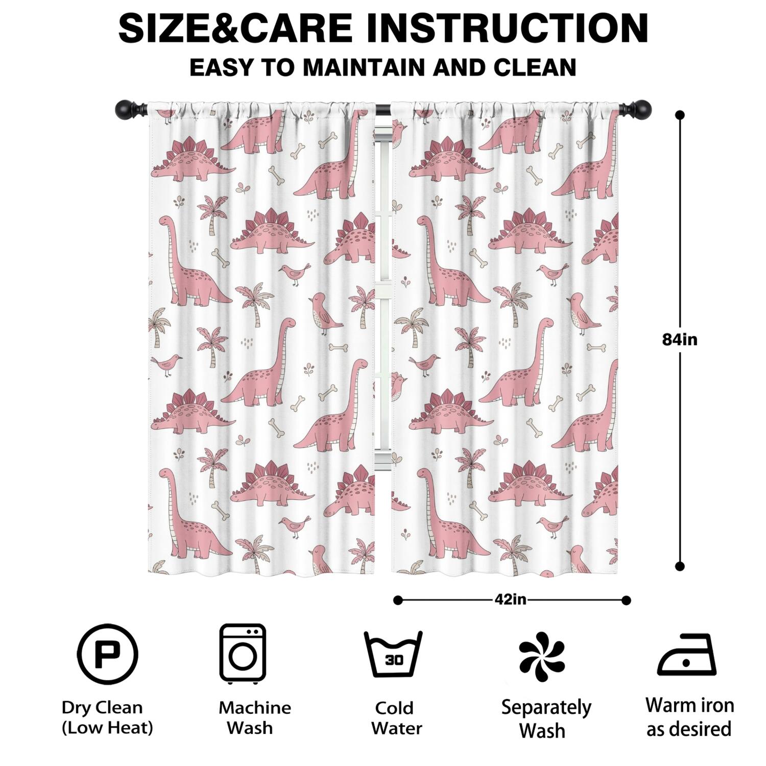 Blackout Kids Curtains,Pink Dinosaur and Bird Pattern Childrens Insulated Curtains Set Of 2,Bedroom Essentials,Toddler Room Decor 42"x84"