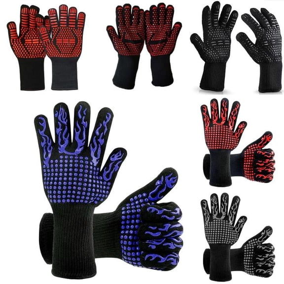 2Pcs Silicone Grilling Gloves 14 Inch Heat Resistant BBQ Mitts with Triple Layer Aramid Fiber Insulation for Outdoor Smoking and Kitchen Baking, Black