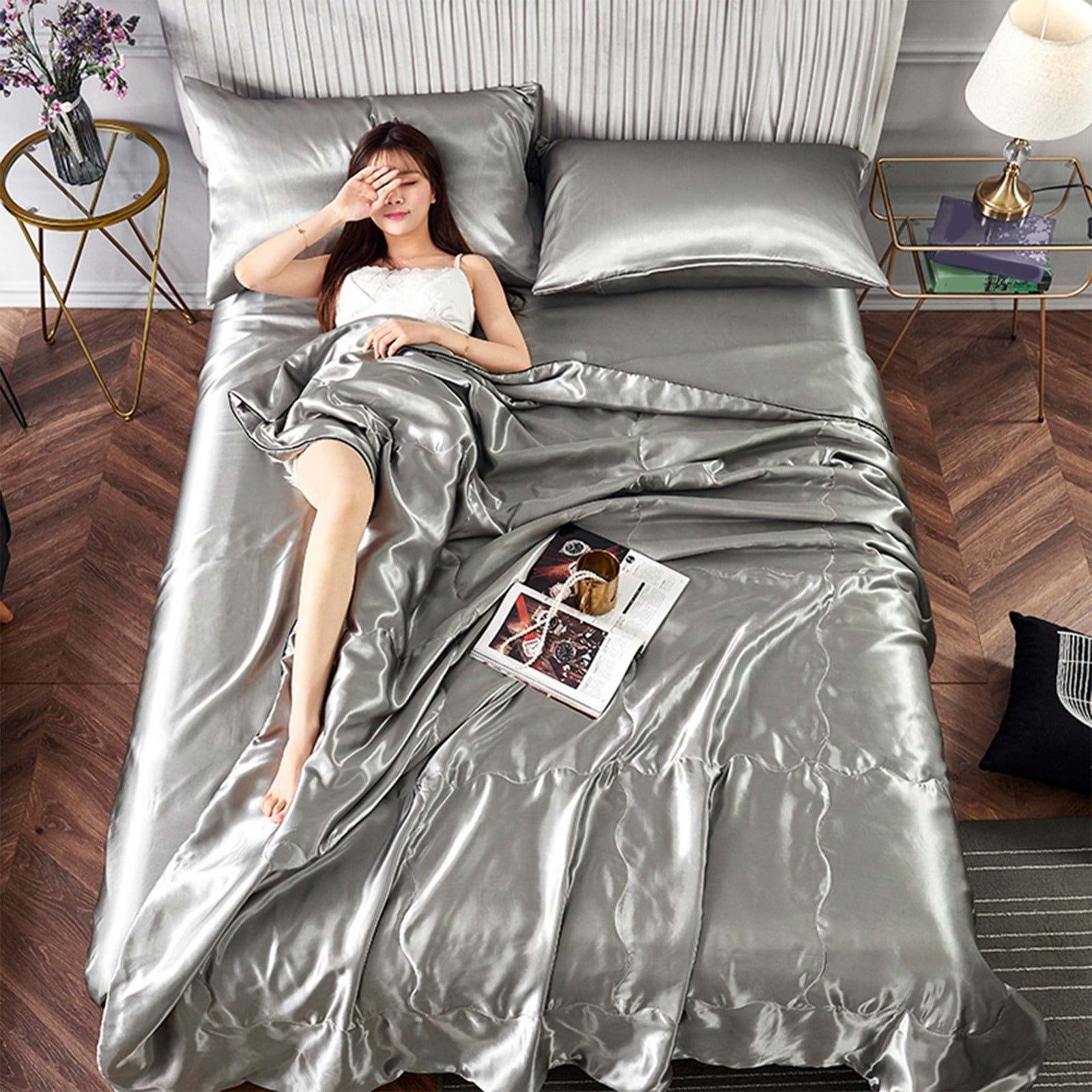 FastXmas Silk Satin Comforter Queen Size, Solid Color Reversible Summer Cooling Blanket, Double Sided Cold Effect, Breathable Lightweight Feather Down Quilted Bedding Machine Washable for All Season