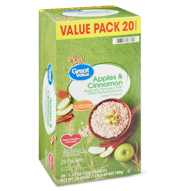 Great Value Instant Oatmeal, Apples & Cinnamon Value Pack, 20 Packets