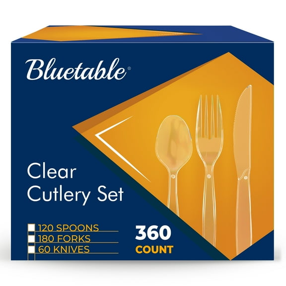 Plastic Utensils - Disposable Cutlery Set Bulk (360 Pack) Heavy Duty Clear 180 Forks 120 Spoons 60 knives Bluetable Silverware & Plastic Ware
