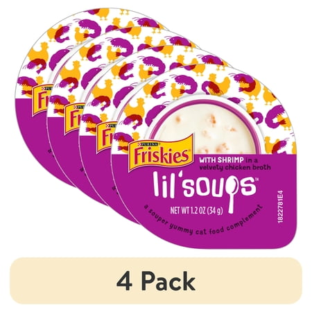 (4 pack) Purina Friskies Grain Free Lickable Cat Food Toppers Lil’ Soups with Shrimp in a Velvety Chicken Broth 1.2 oz Cups (8 Pack)