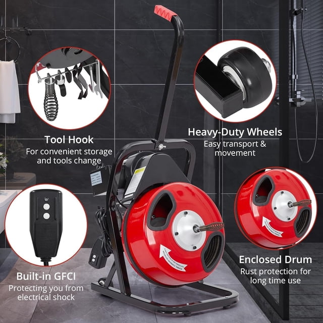 Kojooin 50FT Auto-Feed Electric Drain Auger, Drain Cleaner Machine for 2 to 4 Inch Pipes with 6 Cutter Heads
