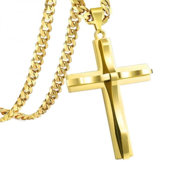 VOLALO Mens Cross Pendant Necklace Gold Color Silver Black Tone 3Mm Cuban Chain Box Link 18-24Inch Christ Necklace Jewelry