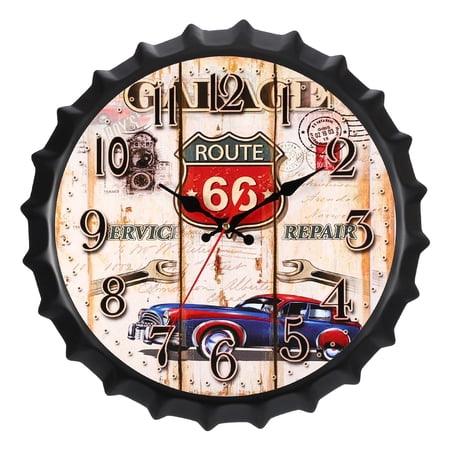 Uxcell Beer Cap Wall Clock 14 Inch, Retro Industrial Silent Non-Ticking Metal Clock for Man Bar Pub Garage Room Decor, 66 Automotive Design