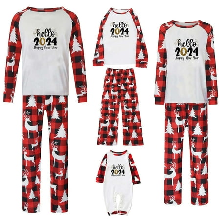 

Awdenio Baby Family Christmas Pajamas Crewneck Long Christmas Graphic Print Plaid Spliced Loose Tops Pants Suit Parent-child Wear Romper
