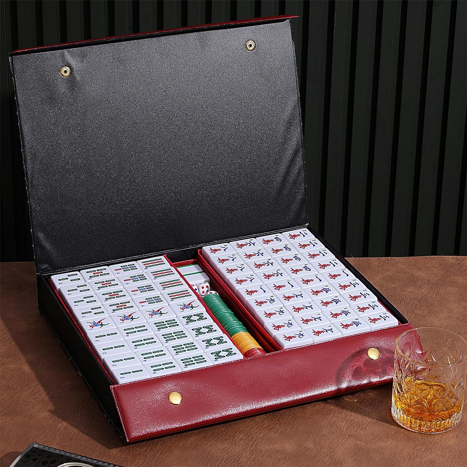 Chinese Mahjong Game Set 1.5" X-Large 144 Numbered White Blue Melamine Tiles with Carrying Travel Case,Complete Majong Majiang, Mah Jonng Game Set