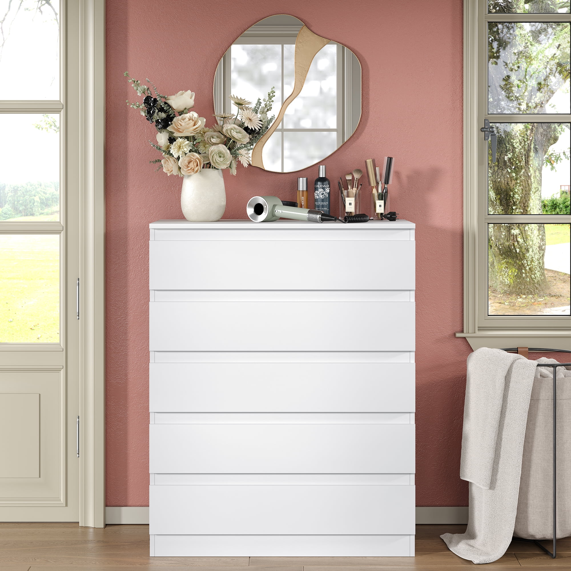 Furnihold 5-Drawer Dresser, 40.2" Tall Modern Bedroom Dresser, Wood Dresser For Living Room, Bedroom, White