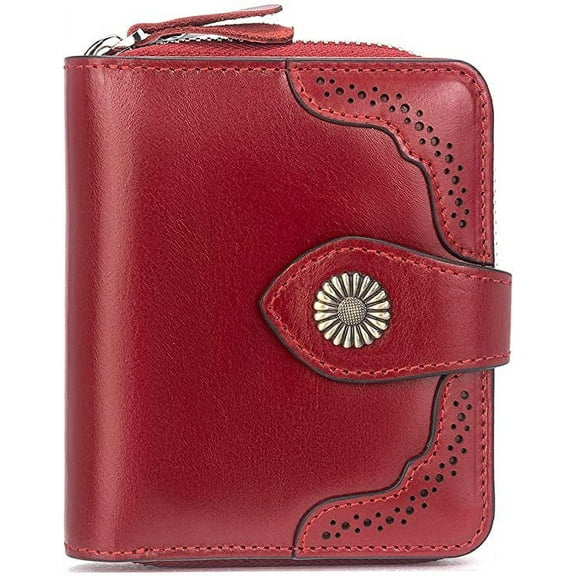 esafio Leather Wallets for Women RFID Blocking Zipper Pocket Small Bifold Wallet Card Case,Red