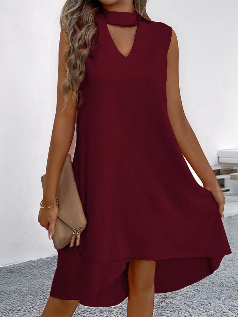 Women V-Neck Floral Printed A-Line Elegant Dresses Sleeveless Sundress Casual Boho Dress Orange XL