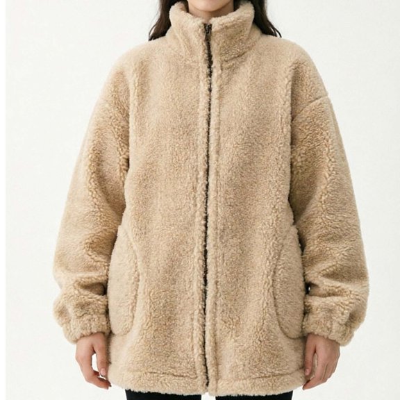 Mifsaly Oversized Sherpa Jacket for Women Fuzzy Fleece Zip Up Coat Warm Teddy Bear Outerwear Fall Winter Long Sleeve Baggy Stand Collar Puffy Jackets with Pockets Beige,L