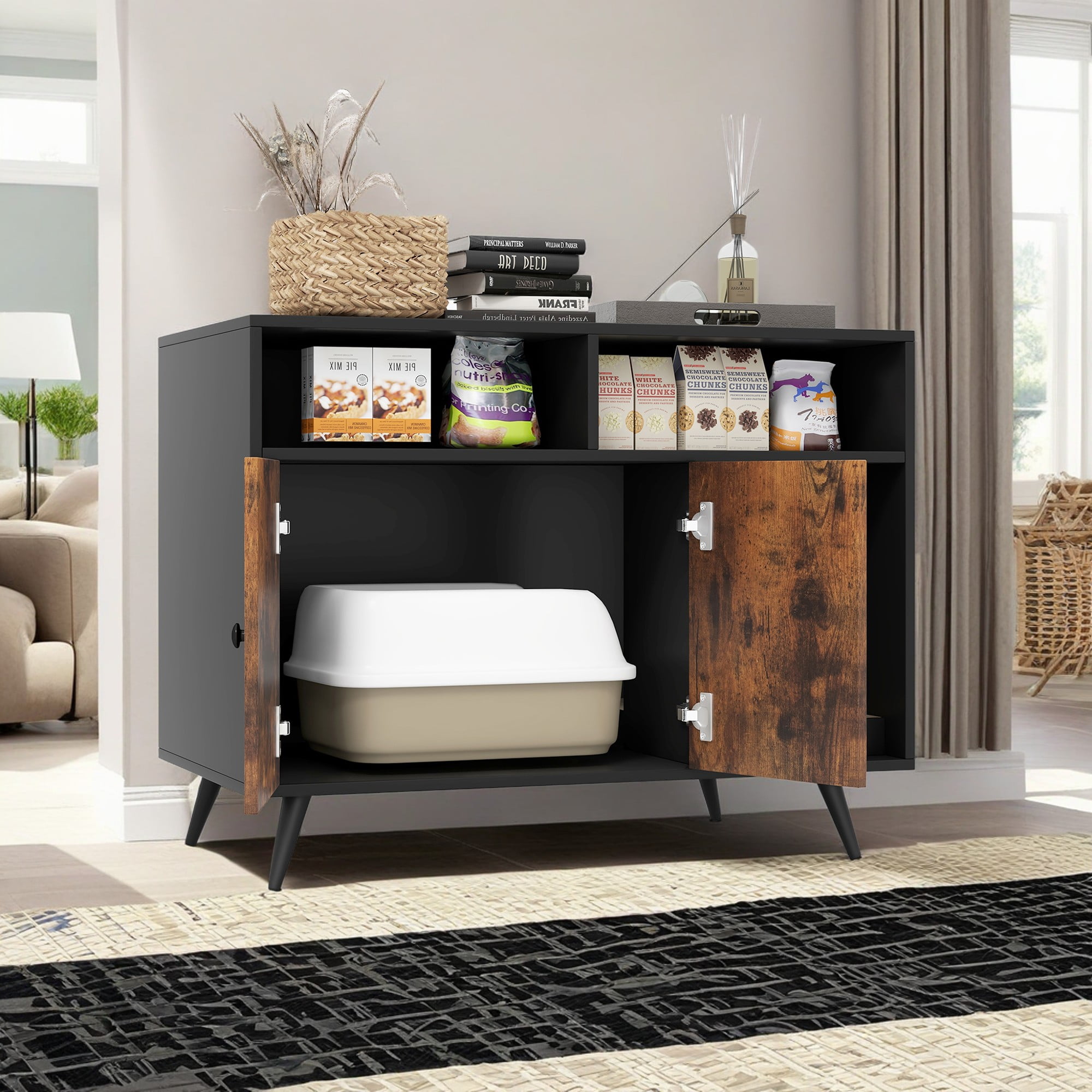 Pefilos 35" Cat Litter Box Enclosure Furniture with Storage Compartments and Scratcher, Wood Enclosed Cat House Condo for Indoor, Black
