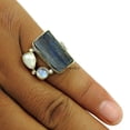 thumbnail image 2 of Genuine Kyanite, Pearl & Rainbow Moonstone Ring, Real 925 Sterling Silver, Natural Healing Stones, Stacking Ring, Stackable Ring, Multi Stone Ring For Women, Gothic&nbsp;Jewelry, June Birthstone (6.5), 2 of 4